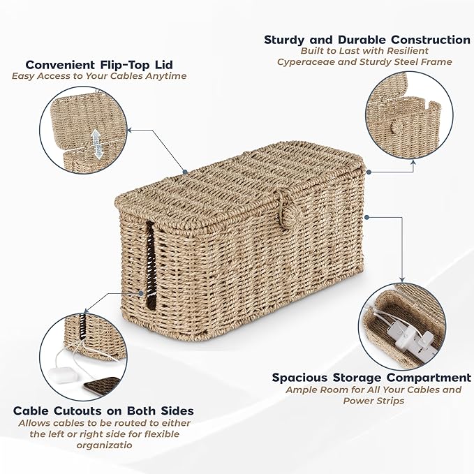 2-Pack Large Cable Management Box, Natural Rattan Cable Cord Organizer Boxes for Power Strip β 2 Open Slots Cords Hider Box for TV Wires, Computer, Router, USB Hub and Under Desk Power Strip