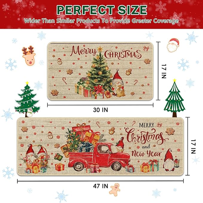Christmas Trucks Gingerbread Gnome Kitchen Rugs and Mats Non Skid Washable Set of 2, Xmas Kitchen Mats for Floor Decor
