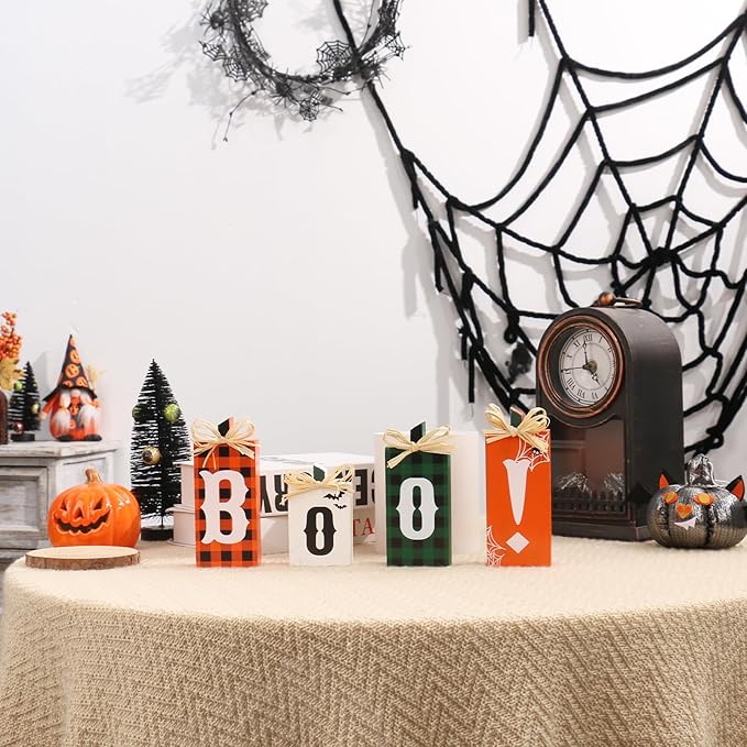 Super Holiday Halloween Decorations, 4PCS Wooden Boo Sign Block Tabletop Decorations, for Home Farmhouse Indoor Party Fireplace Decor.