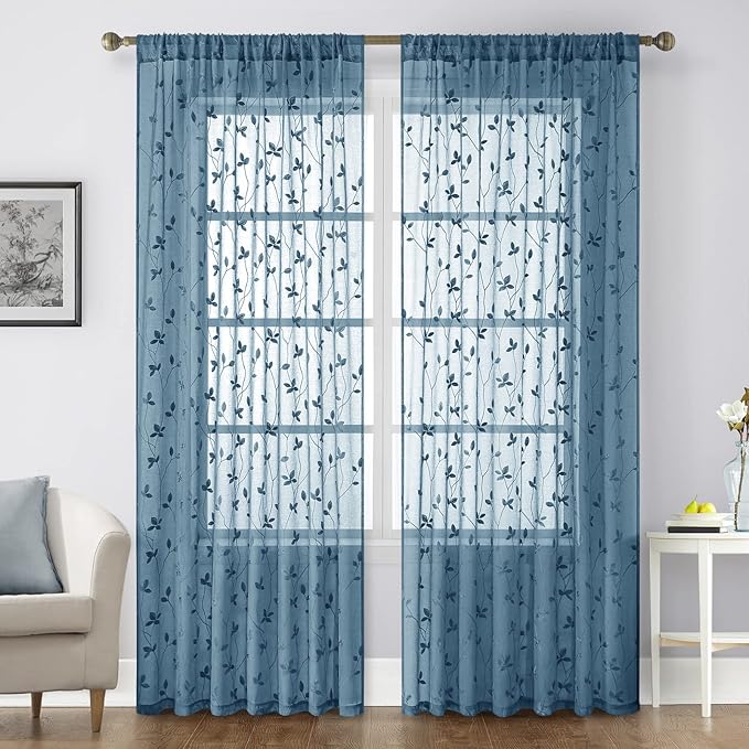 HOMEIDEAS Cyan Blue Sheer Curtains 52 X 84 Inches Length 2 Panels Embroidered Vine Floral Pattern Pocket Faux Linen Semi Sheer Voile Window Drapes for Bedroom Living Room