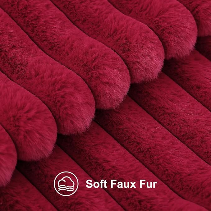 decorUhome Faux Fur Christmas Throw Pillow Covers 26x26 Set of 2, Decorative Soft Plush Striped Neutral Couch Euro Pillow Covers with Velvet Back for Sofa, Bed, Living Room Home Decor, Burgundy