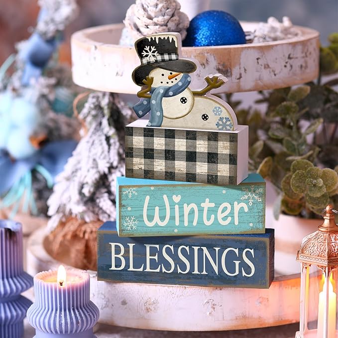 4 Pcs Christmas Table Decorations Winter Tiered Tray Decor Playful Snowman Decor Indoor Rustic Wooden Decorative Snowman Block Sign Gift Snowflake Centerpiece Farmhouse Xmas Signs for Kitchen