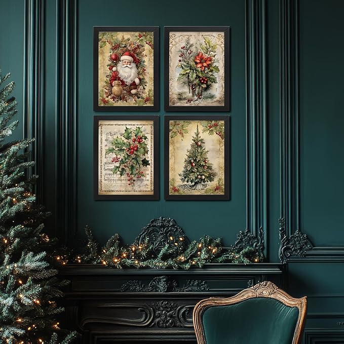 JXREQ Vintage Christmas Pictures Wall Decor Prints,Retro Christmas Wall Art Decorations for Home Kitchen Bathroom Bedroom Living Room,Santa Claus Xmas Tree Decor Prints Set of 4,12x16 Unframed