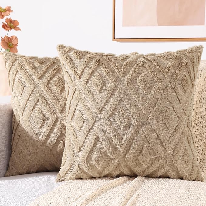 decorUhome Couch Throw Pillow Covers 16x16 Set of 2, Decorative Soft Plush Faux Wool Neutral Accent Pillow Covers for Bed Sofa Living Room, Light Khaki