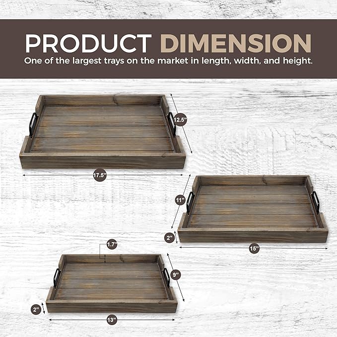 3 Piece Decorative Nested Vintage Wood Serving Tray Set for Coffee Table or Ottoman – Rustic Wooden Breakfast Trays for Kitchen, Dining Room, or Living Room – Farmhouse Platter w/Handles - Barnwood