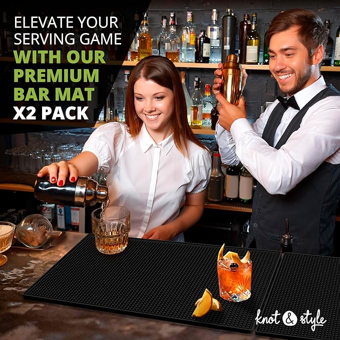 Bar Mat Set (2 Pack, 18"x12") - Non-Slip Rubber Mats for Countertop, Bartending, Home Bar - Durable, Easy Clean Drip, Spill, Drink Mat - Alternative to Silicone, Coffee Bar Mats