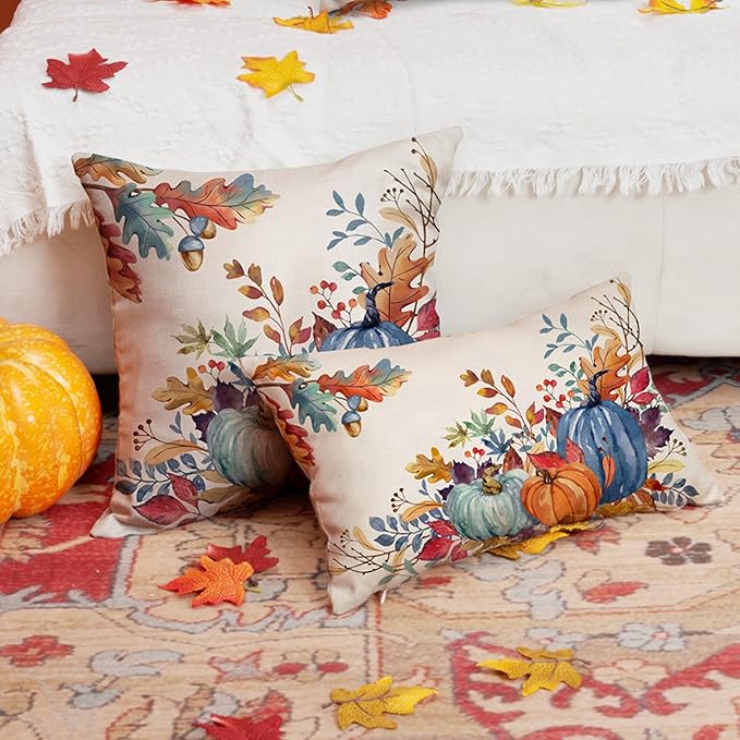 DFXSZ Fall Pillow Covers 12x20 inch Set of 2 Blue and Green Watercolor Pumpkin Fallen Leaves Decorative Throw Pillow Covers Autumn Thanksgiving Farmhouse Decoration for Home Couch TH27-E12