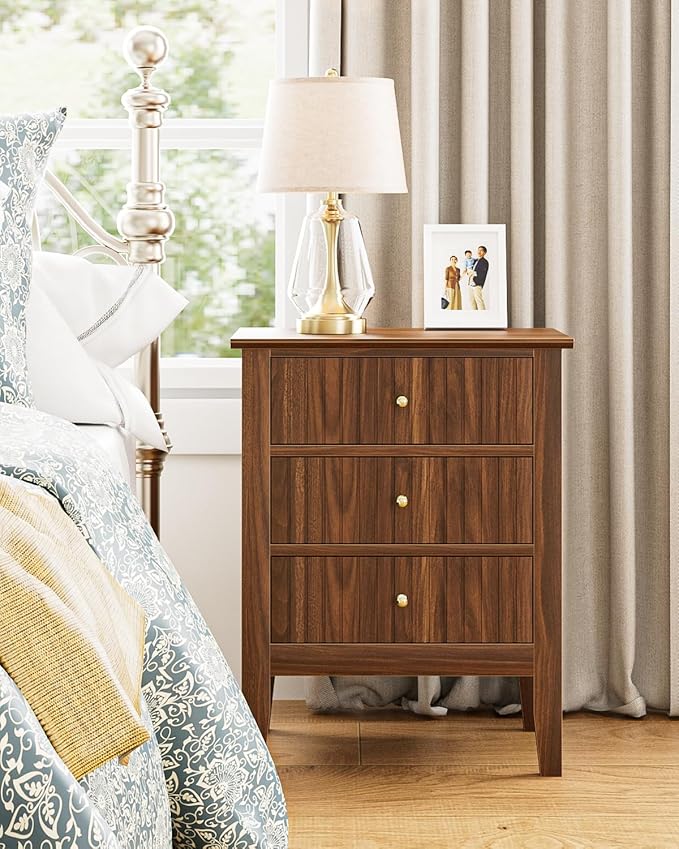 Night Stand, Fluted Nightstand Bedside Tall Farmhouse Nightstand with 3 Drawers, Mid Century Modern Side Accent Table,Bedside End Table for Bedroom, Living Room, Walnut