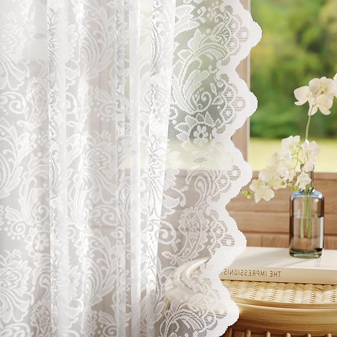 96-Inch Pure White Lace Sheer Curtains – Vintage Floral Lace for Bedroom/Living Room, Light Filtering Rod Pocket Drapes, Privacy Chic Window Treatments, 52W x 96L Inch, 2-Panel Set