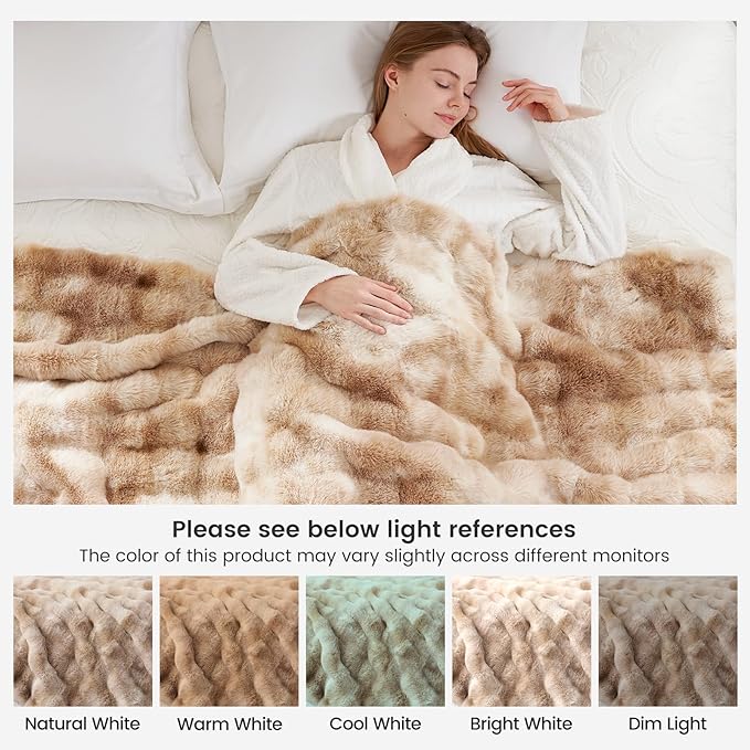 Cozy Bliss Faux Fur Throw Blanket for Couch, Fuzzy Soft Plush Thick Bubble Blanket for Sofa Bedroom Living Room, 60 * 80 Inches Tie-dye Beige