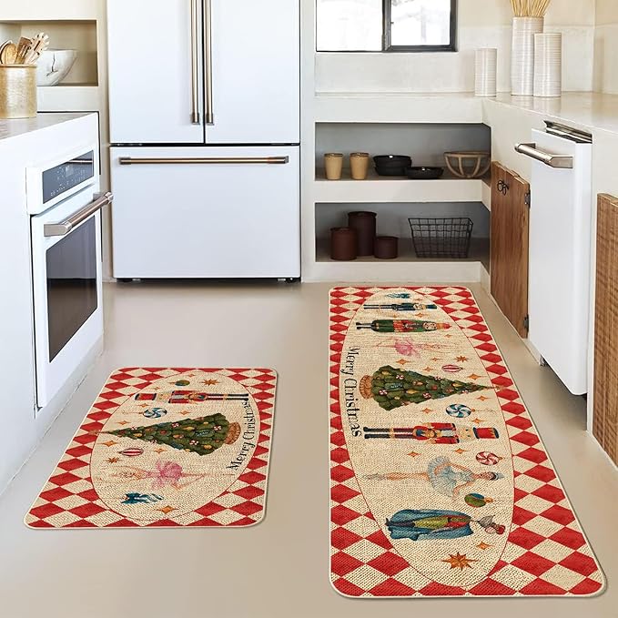 VAKADO Christmas Kitchen Rugs Door Mat Set of 2,for Decor Kitchen Door Front Doormat Nutcracker Floor Decorations Stain Fade Resistant Non-Slip Rubber Backing Rug(17x29 Inch,17x47 Inch)