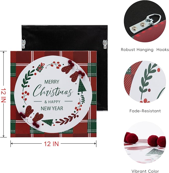 ArtbyHannah Christmas Canvas Wall Art Decor, 3D Textured & Holly Red Berry Wall Decor with Red & Green Plaid Prints for Home Kitchen Dining Party Bathroom Winter Holiday Decorations (12x12 inch)