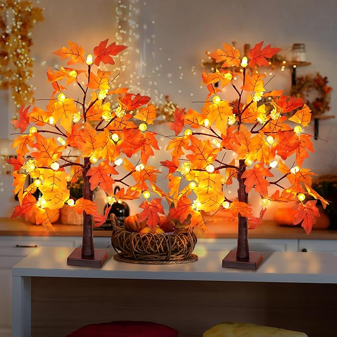 2 Pack 24 Inch Fall Maple Tree with 48LED Thanksgiving Table Decorations Battery Operated Lighted Tabletop Artificial Tree with Pumpkin Acorn Maple Fall Centerpieces Indoor Fall Decorations for Home