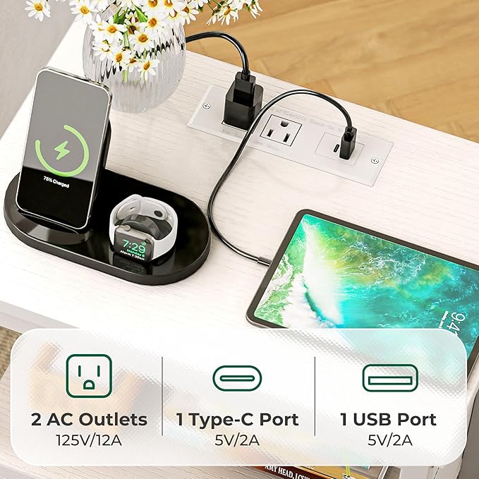 Huuger Nightstand with Charging Station, Side Table with 2 Fabric Drawers, End Table with Open Shelf, Bedside Table with USB-C Port and Outlets, Night Stand, PU Leather, White