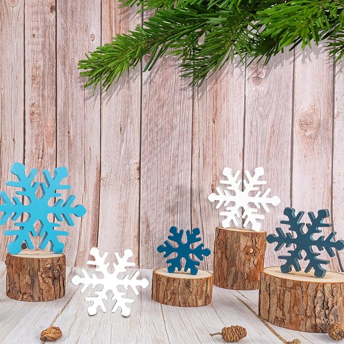 5Pcs Snowflake Christmas Table Decorations, White Blue Wooden Snowflakes Tabletop Centerpieces Christmas Winter Tiered Tray Table Decor for Xmas Holiday Party Supplies Home Mantel Decor
