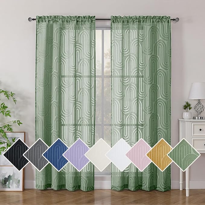 Simplebrand Sheer Sage Green Curtains 72 Inches Long 2 Panels for Window, Geometric Mid Century Light Filtering Semi Sheer Curtains for Front Back Patio Glass Door with Rod Pocket, 42" Wx72 L