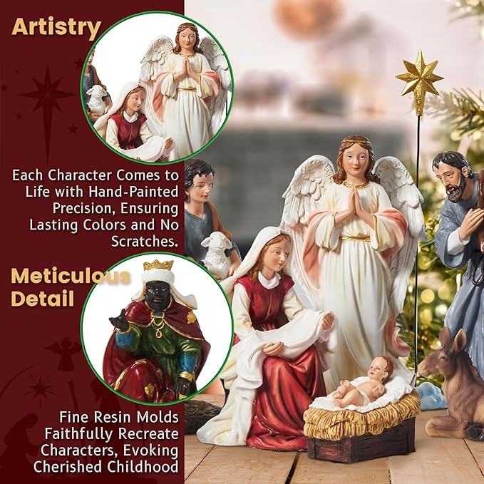 TOETOL Nativity Sets for Christmas Indoor 11.8 Inch Tall Large Set of 13 Pieces Resin Scene Figurine Ornament Religious Christmas Table Decorations Collection Gifts Holidays Decor