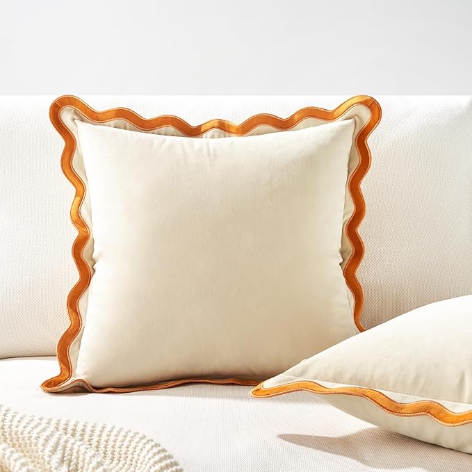 MONDAY MOOSE Decorative Throw Pillow Covers Cushion Cases, Set of 2 Soft Velvet Scalloped Wavy Edge Designs, Mix and Match for Home Decor, Pillow Inserts Not Included (Honey/Cream, 22x22 inch)