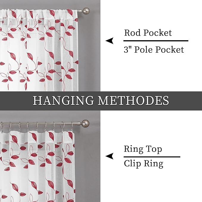 Tollpiz Burgundy Red Leaf Sheer Tier Curtain Leaves Embroidered Kitchen Curtains Rod Pocket Voile Bathroom Window Treatment for Cafe, 30 x 36 inches Long, Set of 2 Panels