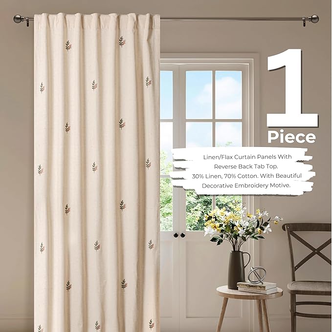 Linen Flax Curtain 50x84 Natural with Embroidery, Farmhouse Curtain,Tab Top Curtains, Room Darkening Drapes, Curtains for Bedroom, Curtains for Living Room_1Piece