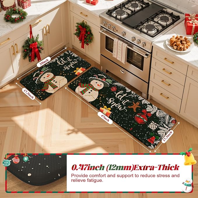 Christmas Snowman Kitchen Mat, Non Skid Cushioned Kitchen Floor Mats Sets of 2 Waterproof Anti Fatigue Kitchen Rug, Winter Xmas Tree Mat Black Comfort Standing Rugs for Holiday Decor 17x30+17x47inch