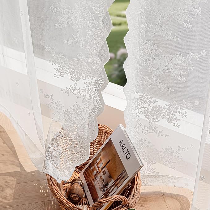 White Lace Sheer Curtains – Vintage Floral Lace for Living Room/Bedroom, Airy Light Filtering Rod Pocket Drapes, Privacy Elegant Chic Victorian Pattern Design, 52W x 63L Inch, 2 Panels