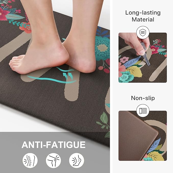 GENIMO Anti Fatigue Kitchen Mats for Floor, Non Slip Washable Home Theme Rugs Sets of 2, Farmhouse Cushioned Waterproof Comfort Runner Rug for Kitchen, Sink, Desk, Laundry, 17"x 47"+17"x 30", Coffee