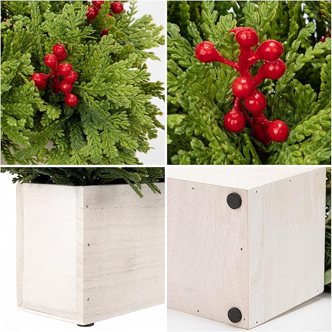 DILATATA Christmas Centerpieces 8 Inch Artificial Christmas Plant in Rectangular Wooden Pot Tabletop Pine Plants with Red Berries Cedar Leaves for Winter Holiday Party Fireplace Mantel Xmas Decor