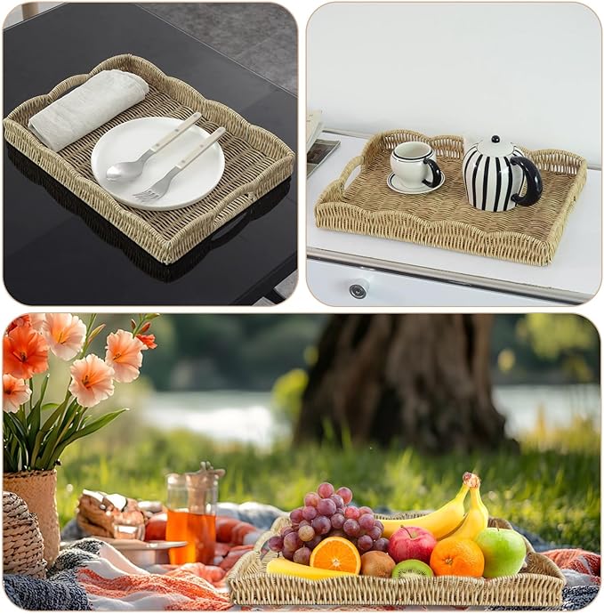 Serving Tray with Scalloped Edge, Rectangular Wicker Tray with Handles, Ideal for Breakfast or Meals in Bed and on Sofa, Decorative Coffee Table Tray to Enhance Dining (Coffee Brown)