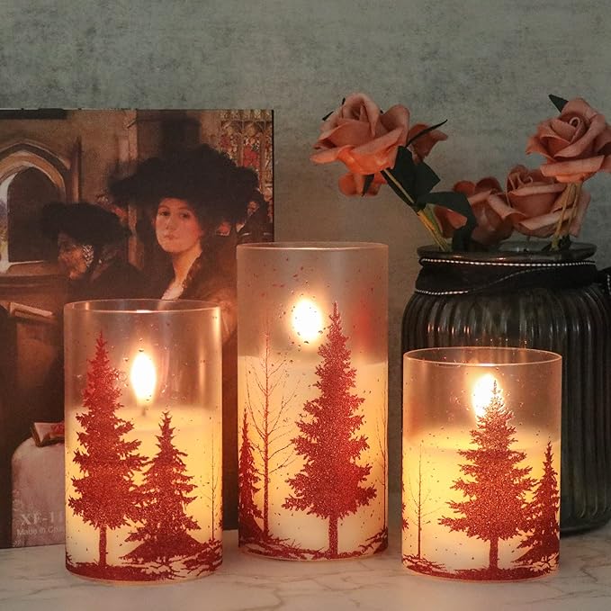 DRomance Christmas Tree Glass Flameless Candles with Remote Timer Battery Operated Real Wax 3D Wick LED Flickering Pillar Candles Christmas Holiday Decor(Red, 3 x 4,5,6 Inch)