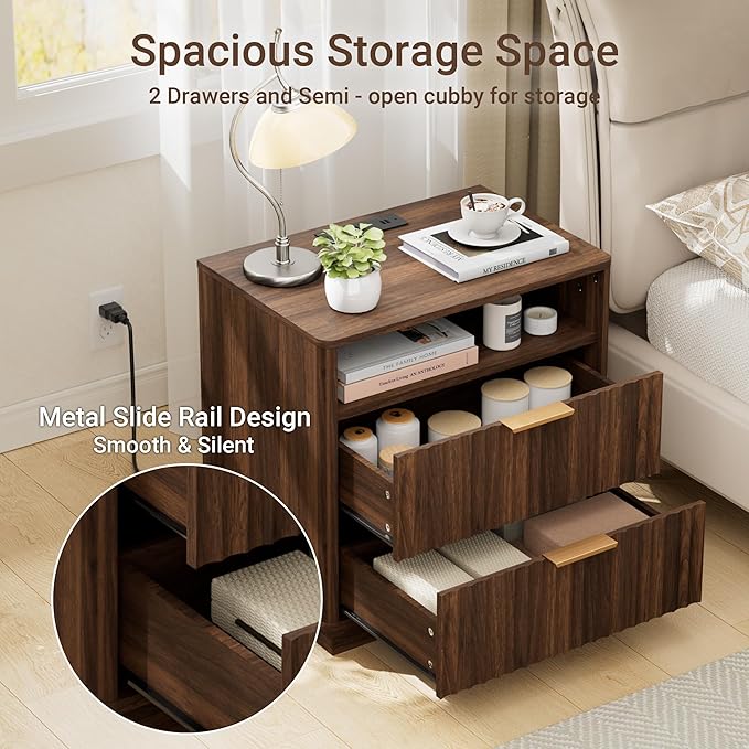 Large Fluted Nightstand with Charging Station, 23" Modern Farmhouse Night Stand, 2 Drawers End Table with Storage, Bedside Table for Bedroom Sofa Home Office, Curved Profile Design (Walnut)