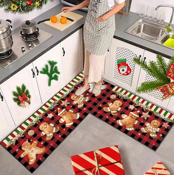 Christmas Kitchen Rugs Non-Slip Holiday Floor Mats 2 Piece Set Gingerbread Man Vintage Decor Soft Absorbent Mats for Front of Sink 17x30 and 17x47 Inches