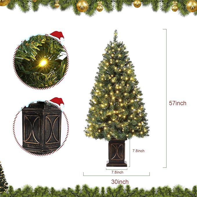 GarveeHome 4.5ft Green Christmas Tree, Pre-Lit Artificial Potted Xmas Tree with 300 Led Lights, 8 Lighting Modes, Black Base Design, Dense Branch Realistic Home Party Decoration w/Easy Assembly,1 PC