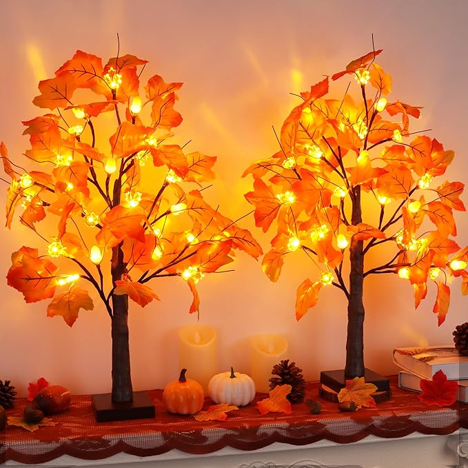 2 Pack 24 Inch Artificial Lighted Maple Tree with 48 LEDs Timer Fall Thanksgiving Decorations Battery Operated Prelit Maple Tree Table Lights for Thanksgiving Decor Home Indoor Autumn Harvest