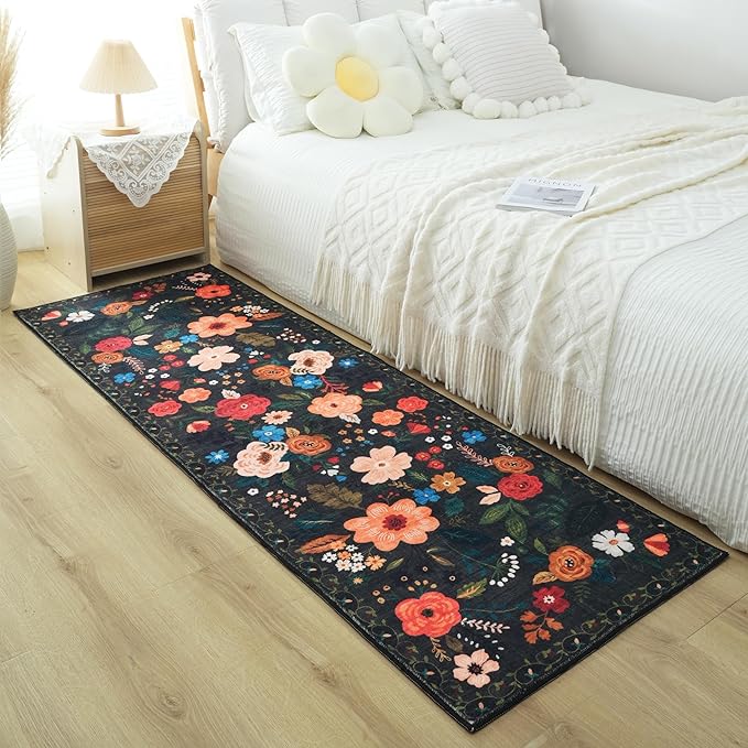 Rugcomf Runners for Hallways Kitchen Rug Non Slip 2'x 10' Long Washable Runner Rugs with Rubber Backing Soft Floral Carpet Runner for Hallways, Kitchen, Laundry, Bedroom, Bathroom(Black)