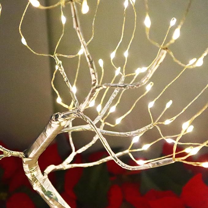 FUCHSUN 108 LED Tabletop Bonsai Tree Light Warm White Fairy Lamp with Timer 8 Modes Battery/USB Powered for Living Room Bedroom Home Christmas Decoration (Silver Branches)