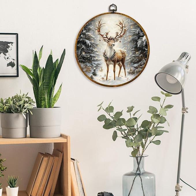 XPH Christmas Reindeer Round Wall Art Framed, Cottage Winter Forest Wildlife Deer Circle Wall Decor, Rustic Xmas Cozy Winter Hanging Canvas Prints for Home Bedroom Living Room Decoration, 10x10 Inch