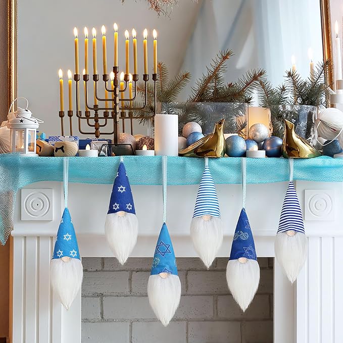6 Pcs Gnome Hanukkah Ornaments, Handmade Chanukah Gnome Decorations Ornaments Plush Hanukkah Decorations Christmas Tree Hanging Home Table Decor
