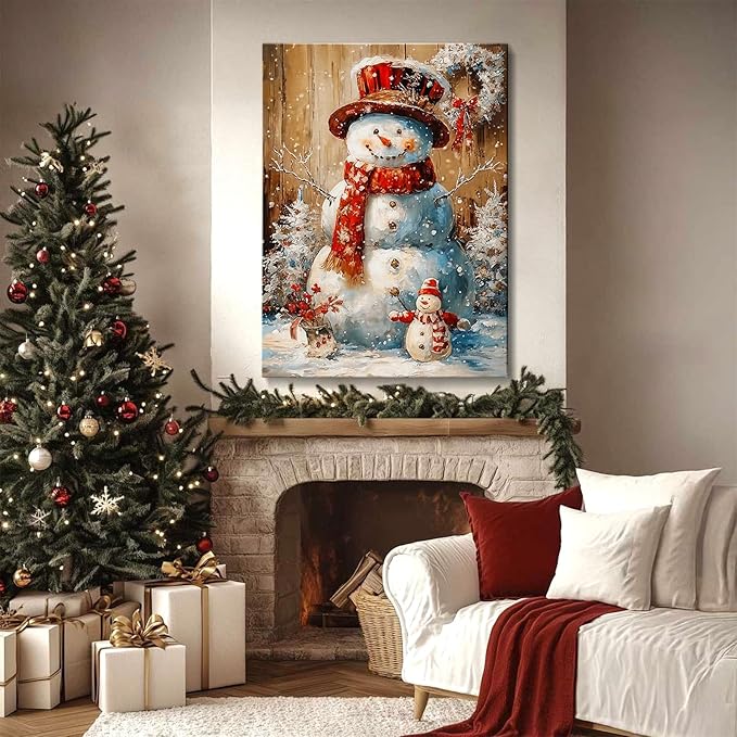 Vintage Snowman Christmas Canvas Wall Art, Framed Rustic Christmas Print Picture for Living Room Bedroom Decor, Ideal Christmas Wall Art Decorations and Holiday Gifts