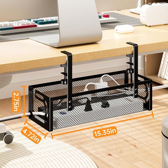 Under Desk Cable Management Tray, 15.7'' No Drill Steel Desk Cable Organizers, Wire Management Tray Cable Management Rack (2 Packs-Black)