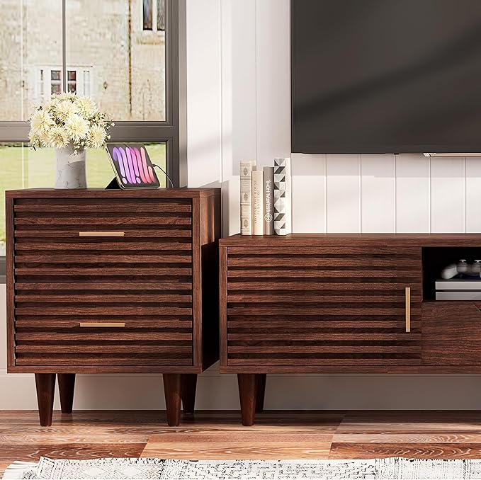 Alohappy Night Stand with Charging Station, Bedside Table with 2 Drawers, Mid Century Modern End Table, Bed Side Table with USB Ports and Outlets, Nightstand for Bedroom, Brown 1pc