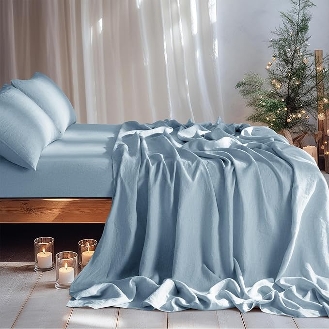 LBRO2M 100% Linen Sheet Set Full Size,Bed Sheets 4 Piece Sets,Solid Color Natural Flax Bed Sheets Soft Breathable Bedding,16" Deep Pocket,All Season (Full, Dusty Blue)
