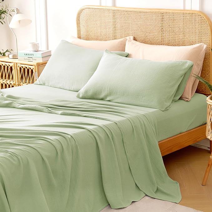 Twin Sheets Set 100% Cotton Bed Sheets Gauze 3 Pcs Sage Green Fall Line Like Sheet Set 16" Deep Pocket Twin Sheet & Pillowcase Sets Boho Muslin Soft All Season Bedding Sets Easy Care