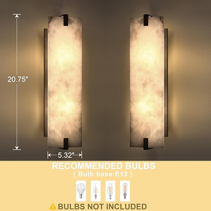 2 Pack 2 Light 20.7" Natural Square Alabaster Marble Bathroom Wall Sconce Modern Concise Style Wall Light Fixture,Black Finish for Bedroom Hallway Bedside