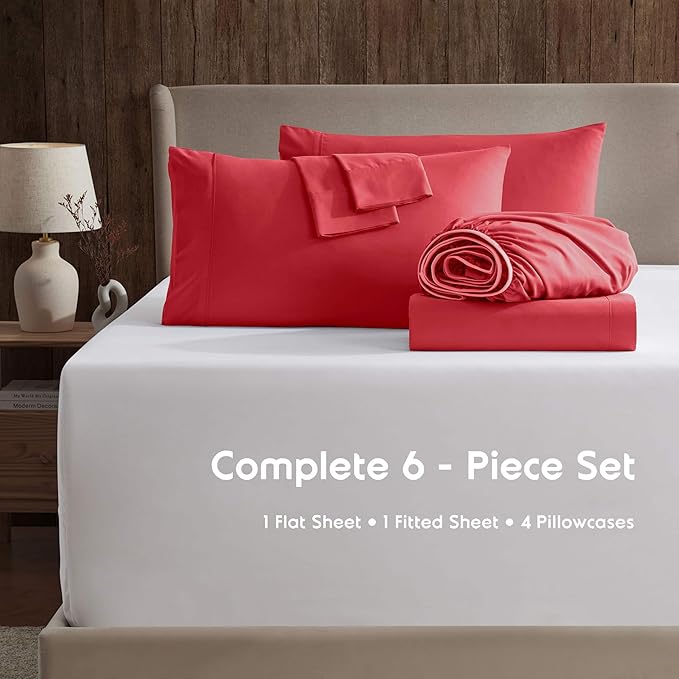 Nestl Extra Deep King Sheet Set - 6 Piece Breathable & Cooling Sheets - Hotel Luxury Bedding Set w/18-24 Inch Deep Pockets - Easy & Secure Fit - Super Soft, Wrinkle Free & Comfy - Red