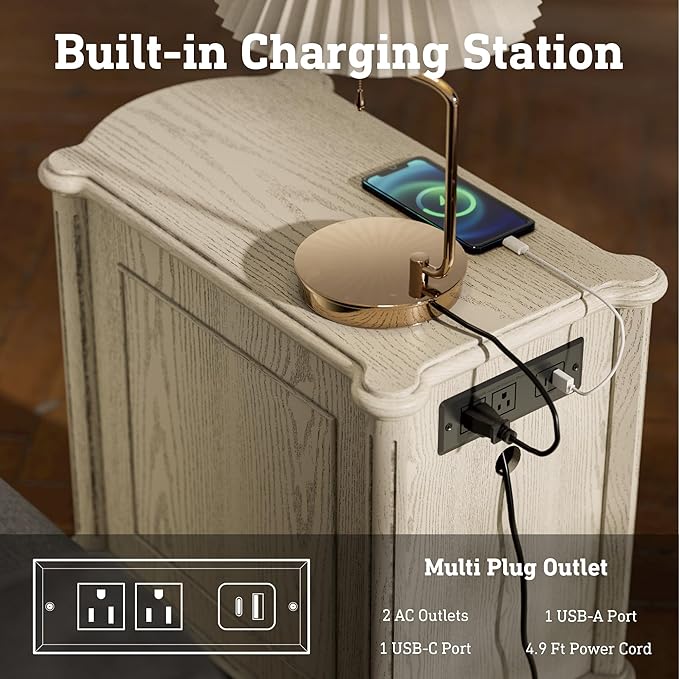 STO'SENSE Nightstand Set of 2 w/Charging Station & 3 Drawers, Pre-Assembled, Vintage Side Table w/Antique-Finished Pulls, Rustic Wood Finish, Narrow End Table w/Turned Legs for Bedroom, Antique Grey