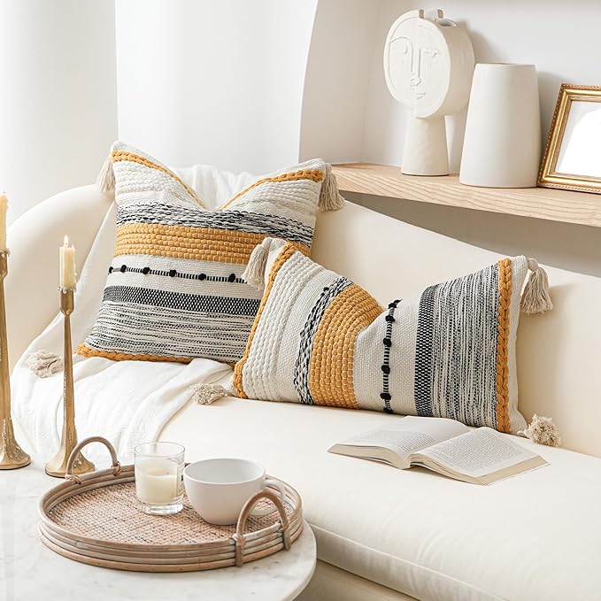 BlissBlush Fall Boho Decorative Throw Pillow Cover 22x22 Square Yellow Mustard Accent Pillowcase Tassels Farmhouse Cushion for Couch Sofa Bedroom Living Room Home Décor Cover ONLY (Pack of 1)