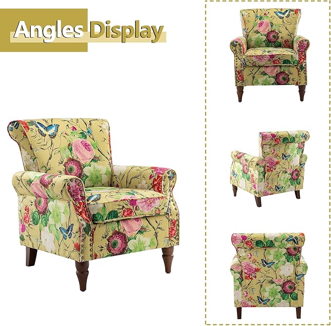 HULALA HOME Modern Wingback Accent Chair with Wood Legs & Removable Cushion, Comfy Upholstered Armchair with Nailhead Trim, Floral Pattern Single Sofa Chair for Living Room Bedroom, Mustard