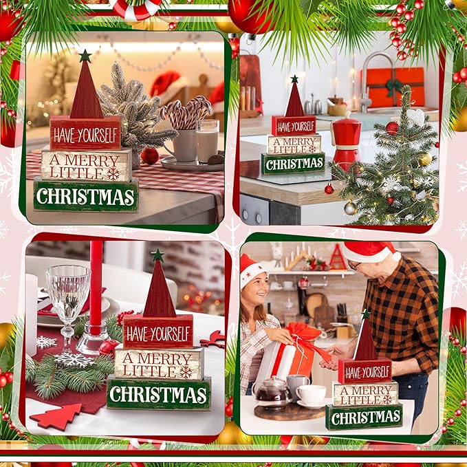 4 Pcs Christmas Decor Wooden Christmas Tree Winter Tiered Tray Decor Xmas Table Centerpiece Rustic Decorative Tree Block Signs Gift Farmhouse Winter Table Decoration for Home Kitchen