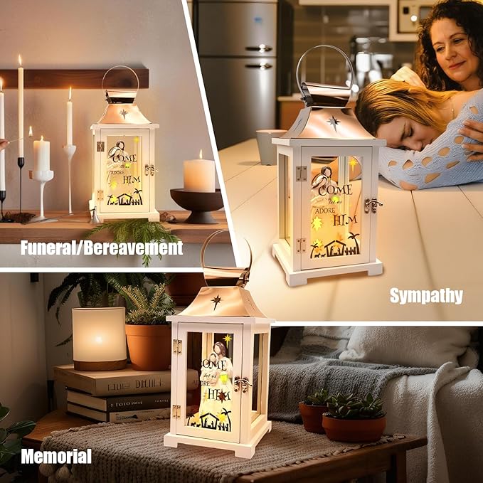 Christmas Candle Lanterns Decorative Indoor- Hanging Candle Lantern with Resin Christmas Nativity Figurine That Light up for Modern Farmhouse Decor, Xmas Lantern for Table Centerpieces, Home Décor